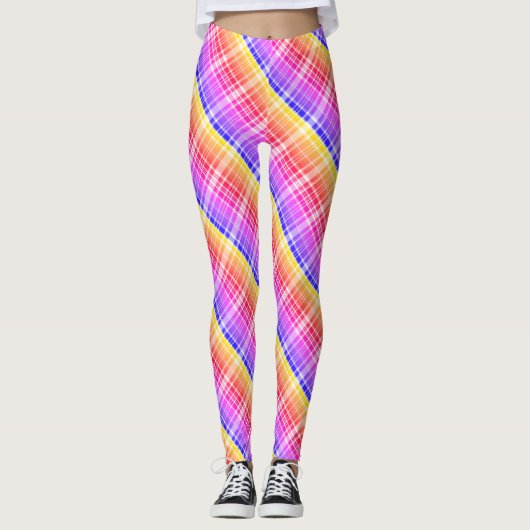 Diagonal Neon Plaid Stripe Gradient Leggings (Vorderseite)
