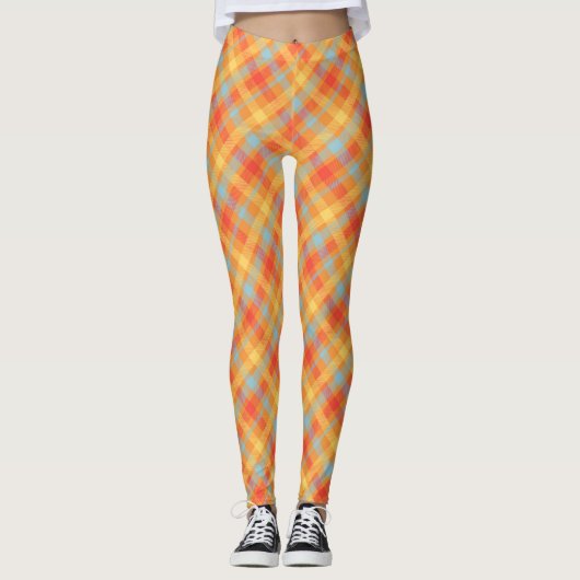 Diagonal Orange Blassblaues Kariertes Muster Leggings (Vorderseite)