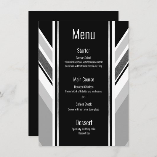 Diagonal schwarz, grau, metallisch gestreift menükarte (Vorne/Hinten)