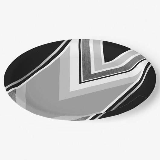 Diagonal, schwarz, grau, metallisch gestreift pappteller (Schrägansicht)