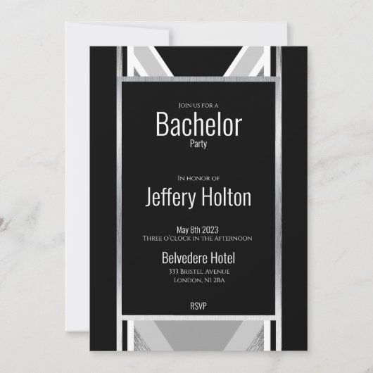 Diagonal schwarz, grau, metallisch gestreift rette save the date (Vorderseite)