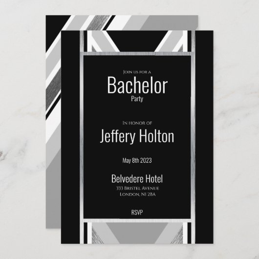 Diagonal schwarz, grau, metallisch gestreift rette save the date (Vorne/Hinten)