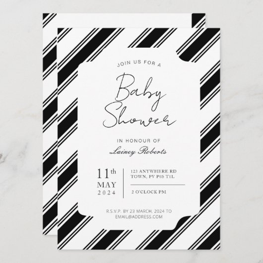 Diagonal Stripe Dusche mit schwarzem und weißem Ca Einladung (Vorne/Hinten)