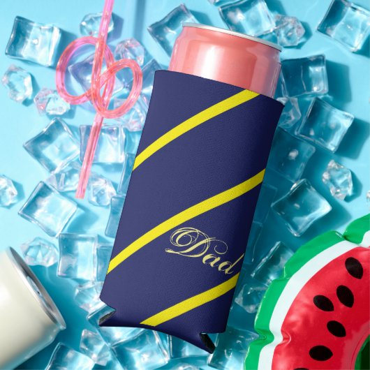 Diagonale blaue und gelbe Streifen mit Papattext Selters Dosenkühler (In Situ Sommer)