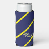 Diagonale blaue und gelbe Streifen mit Papattext Selters Dosenkühler (Seltzer Vorderseite)