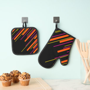 Diagonalen - Schwarz, Pink, Orange und Gelb  Ofenhandschuh & Topflappen-Set