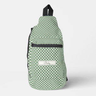 Diagonales Gingham-Muster in Grün mit Namen Crossbody Bag
