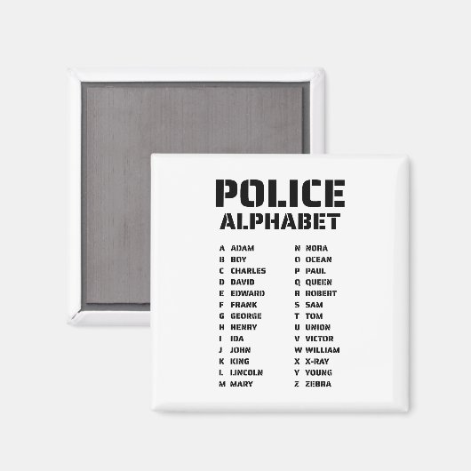 Diagramm Phonetischer Code der Polizei Magnet (Vorderseite/Rückseite)