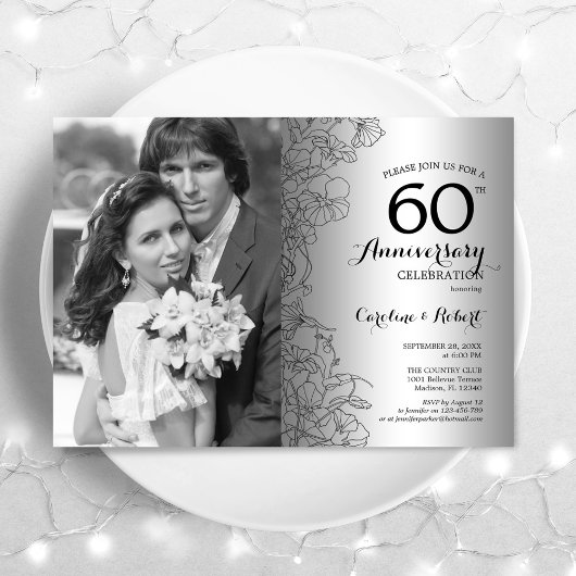 Diamant 60 Jahre Jubiläum mit Foto Silver Floral Einladung
