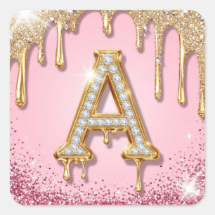 Diamant A Rosa Glitter Goldrahmen-Monogramm Quadratischer Aufkleber