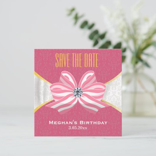 Diamant-Band mit rosa Damaskusmuster Save The Date (Stehend Vorderseite)