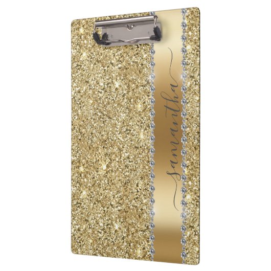 Diamant Bling Glitzer Kalligraphie Name Gelb Gold Klemmbrett (Links)