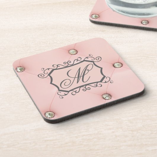 Diamant Bling Pink Tufted Monogram Drink Untersetz Untersetzer (Linke Seite)