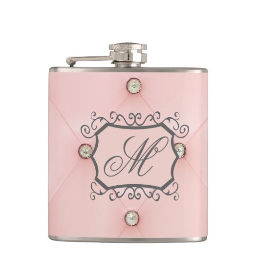 Diamant Bling Pink Tufted Monogram Whiskey Flask Flachmann (Vorderseite)