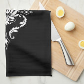 Diamant-Damast, weiß auf Schwarzem Geschirrtuch (Viertel Falte)