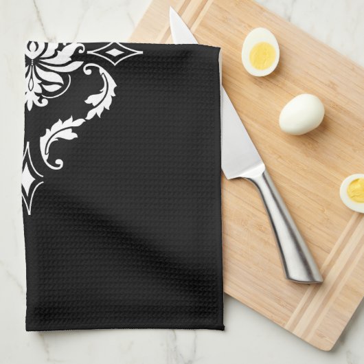 Diamant-Damast, weiß auf Schwarzem Geschirrtuch (Viertel Falte)