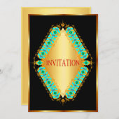 Diamant-Design blau und gold in schwarz Einladung (Vorne/Hinten)