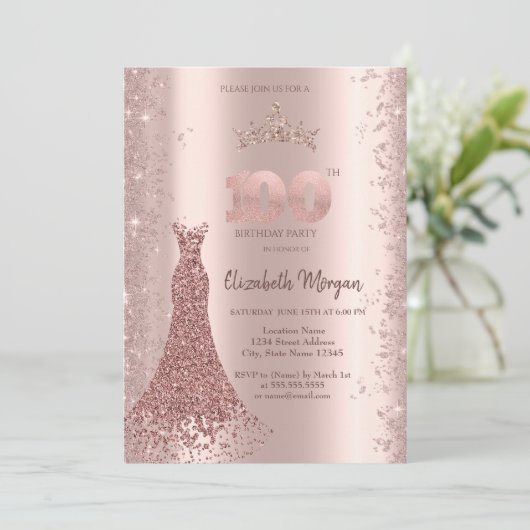 Diamant Dress Rose Gold Glitzer Staub 100. Einladung (Stehend Vorderseite)