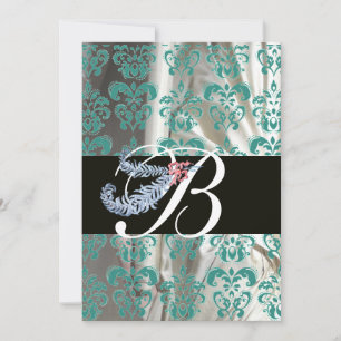 DIAMANT-FEDER BLAU WEIßE SEIDEN-DAMAST-MONOGRAMM EINLADUNG