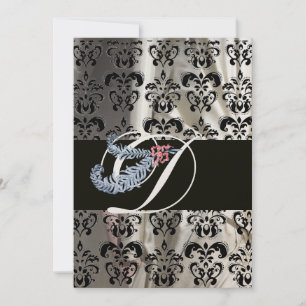 DIAMANT-FEDER-GOLD-SCHWARZE-SEIDEN-DAMAST-MONOGRAM EINLADUNG