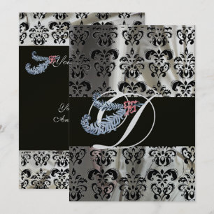 DIAMANT-FEDER-SILBER-SCHWARZE-SEIDEN-DAMAST-MONOGR EINLADUNG