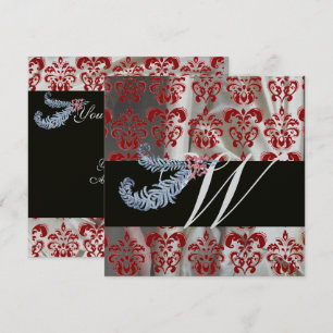 DIAMANT FEDERN ROT SILBER SEIDEN DAMAST MONOGRAMM EINLADUNG