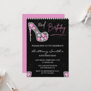 Diamant Glam Schwarz Rosa Glitter Schuh 82. Geburt Einladung