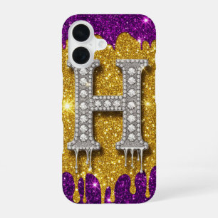 Diamant Glitter Monogramm H ✨ Goldtropfen Lila iPhone 16 Hülle
