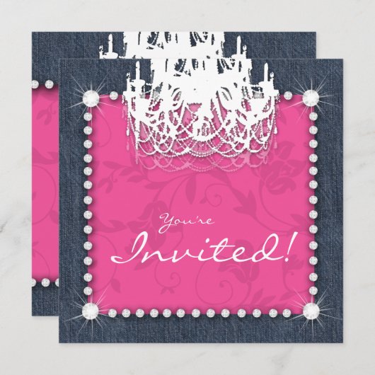 Diamant-Hochzeits-Leuchter-Blumenrosa des Denim-n Einladung (Vorne/Hinten)