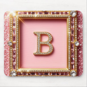 Diamant Initial B Pink Glitter Gold Rahmen Monogra Mousepad