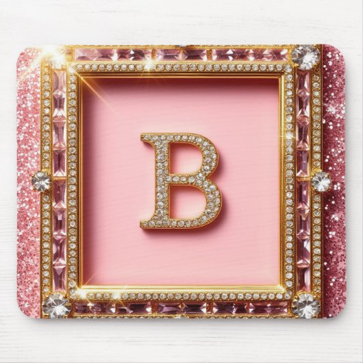Diamant Initial B Pink Glitter Gold Rahmen Monogra Mousepad (Vorne)