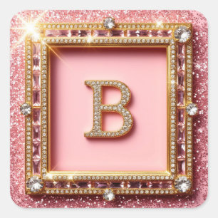 Diamant Initial B Pink Glitzer Gold Rahmen Monogra Quadratischer Aufkleber