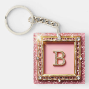 Diamant Initial B Pink Glitzer Gold Rahmen Monogra Schlüsselanhänger