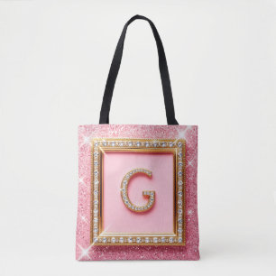 Diamant Initial G Goldrahmen Pink Glitter Monogram Tasche