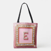 Diamant Initiale E Goldrahmen Pink Glitter Monogra Tasche (Rückseite)