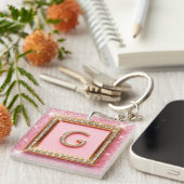 Diamant Initiale G Goldrahmen Pink Glitter Monogra Schlüsselanhänger (Vorderseite rechts)