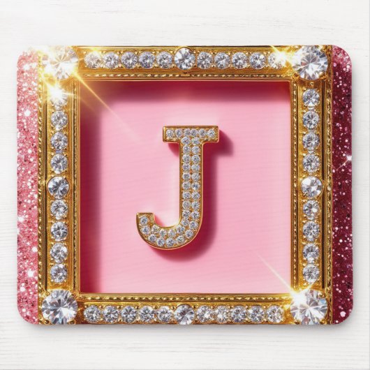 Diamant Initiale J Pink Glitter Gold Rahmen Monogr Mousepad (Vorne)