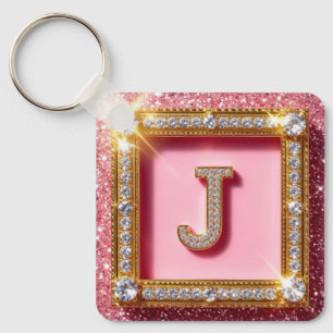Diamant Initiale J Pink Glitter Gold Rahmen Monogr Schlüsselanhänger