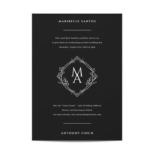 Diamant Monogramm mit Blume in Schwarz Hochzeit Einladung