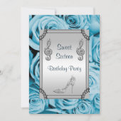 Diamant-Musiknote, Stilett u. blauer Rosen-Bonbon Einladung (Vorderseite)