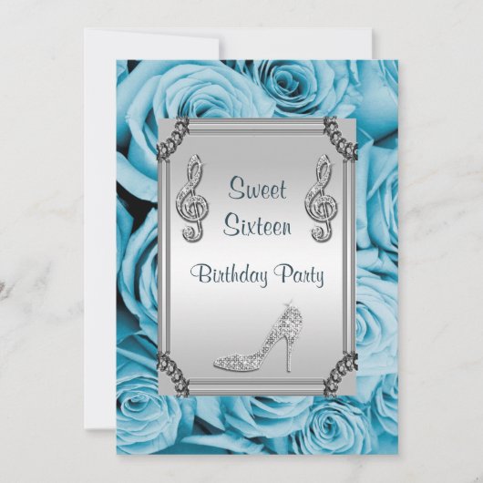 Diamant-Musiknote, Stilett u. blauer Rosen-Bonbon Einladung (Vorderseite)