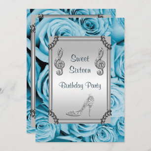 Diamant-Musiknote, Stilett u. blauer Rosen-Bonbon Einladung