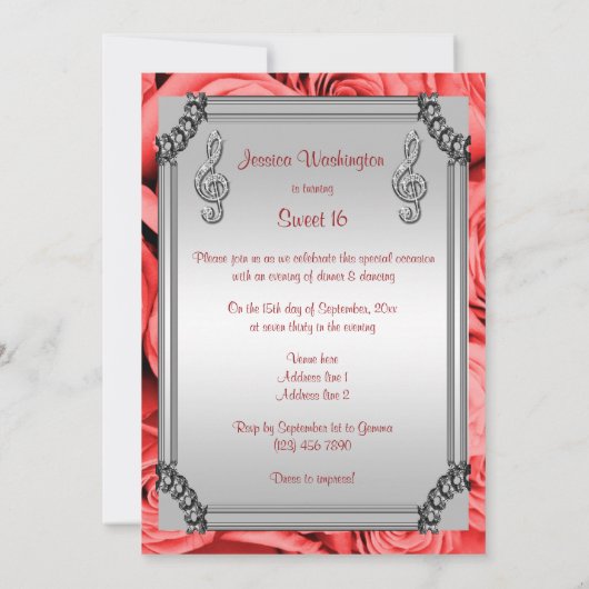 Diamant-Musiknote, Stilett u. Rosen-Bonbon 16 Einladung (Rückseite)