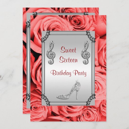 Diamant-Musiknote, Stilett u. Rosen-Bonbon 16 Einladung (Vorne/Hinten)