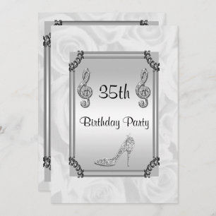 Diamant-Musiknote, Stilett u. weiße Rosen 35. Einladung