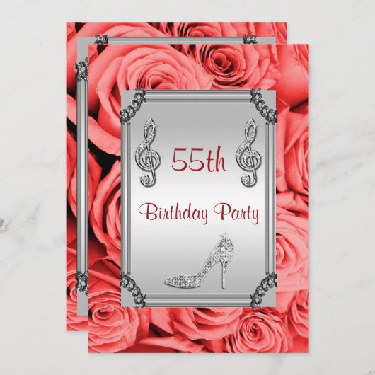 Diamant Musiknote, Stiletto & Rote Rosen 55. Einladung (Vorne/Hinten)