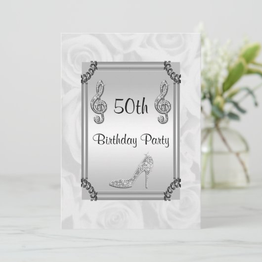 Diamant Musiknote, Stiletto & White Roses 50. Einladung (Stehend Vorderseite)