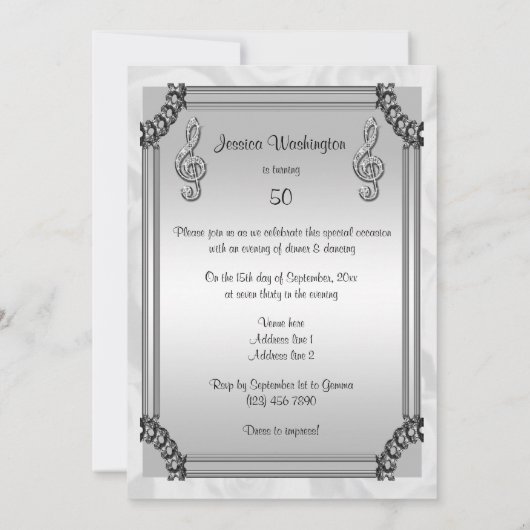 Diamant Musiknote, Stiletto & White Roses 50. Einladung (Rückseite)