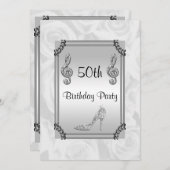 Diamant Musiknote, Stiletto & White Roses 50. Einladung (Vorne/Hinten)