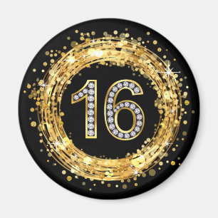 Diamant Number 16 Glitzer Bling Confetti   Gold Magnet